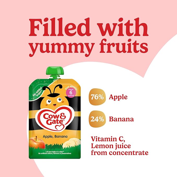 Cow & Gate Fruit Pouch Apple & Banana, 4+ Months, 100g (Pack of 6)